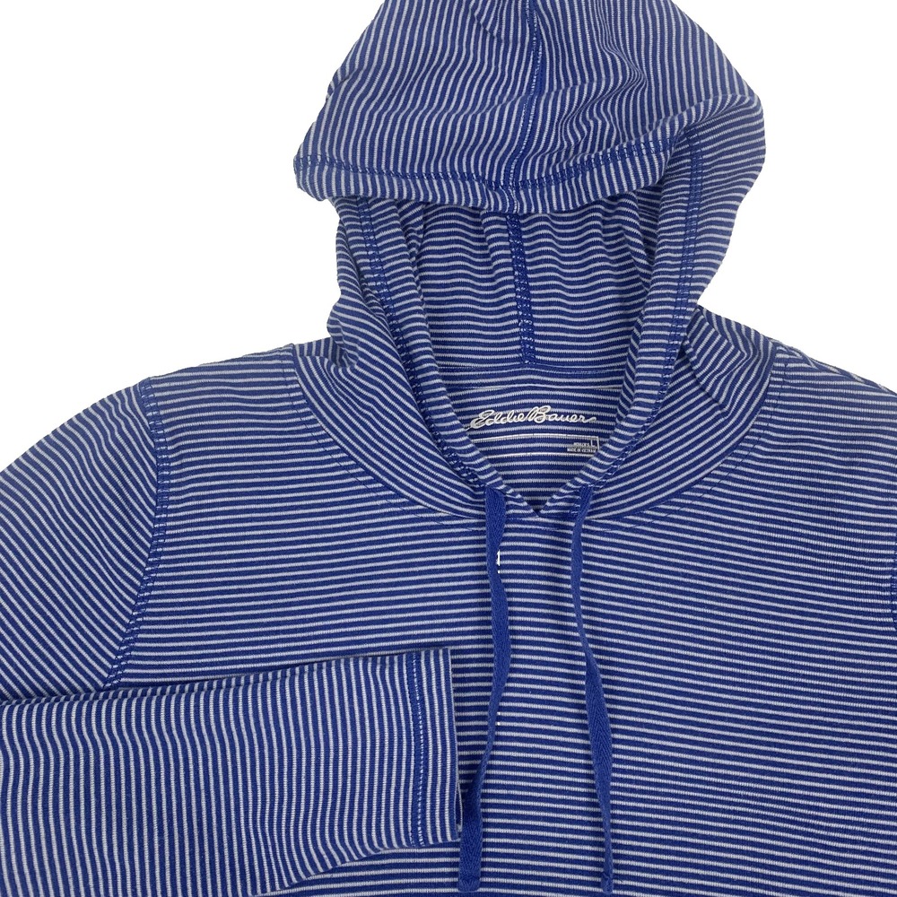 Eddie Bauer Hoodie Women's L Blue White Striped Pullover Cotton Blend Logo